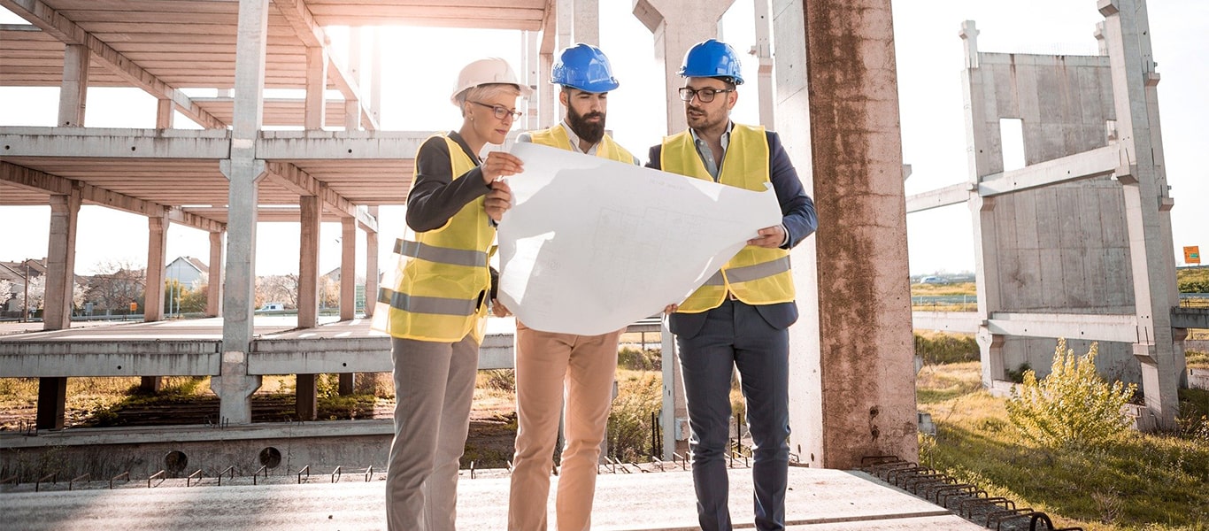 Professional construction team working on a commercial building project